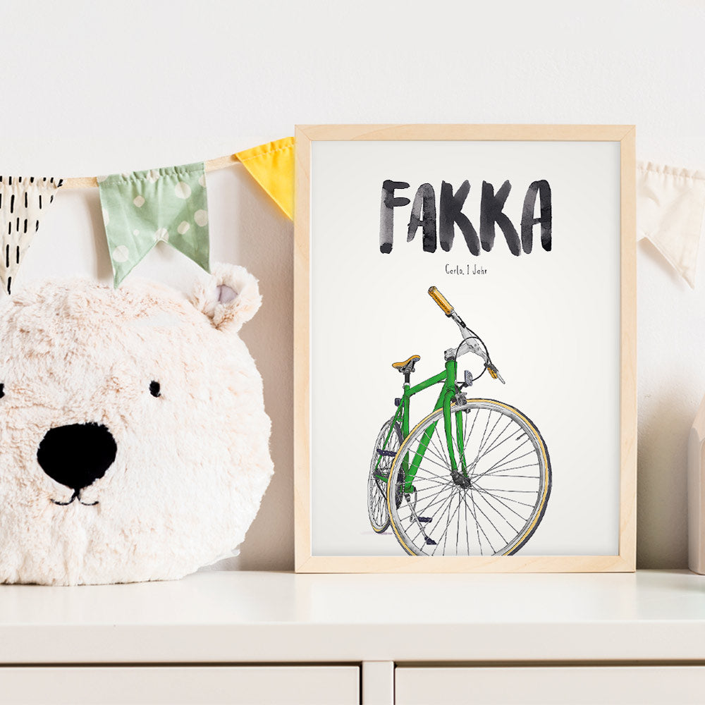 Kindermundposter Fahrrad im Kinderzimmer – personalisiertes Poster als Dekoration und Geschenk