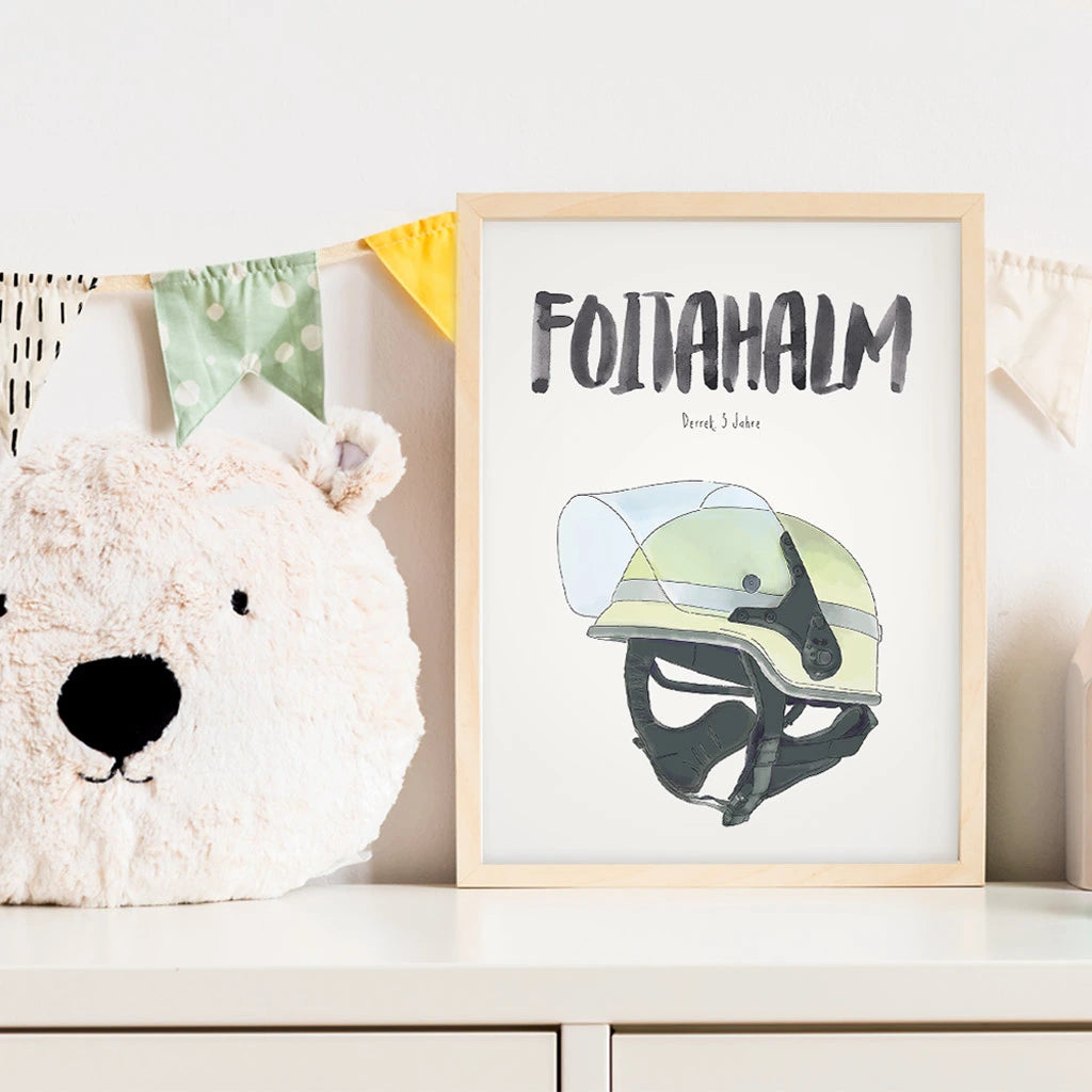 Kindermundposter Feuerwehrhelm im Kinderzimmer – personalisiertes Poster als Dekoration und Geschenk