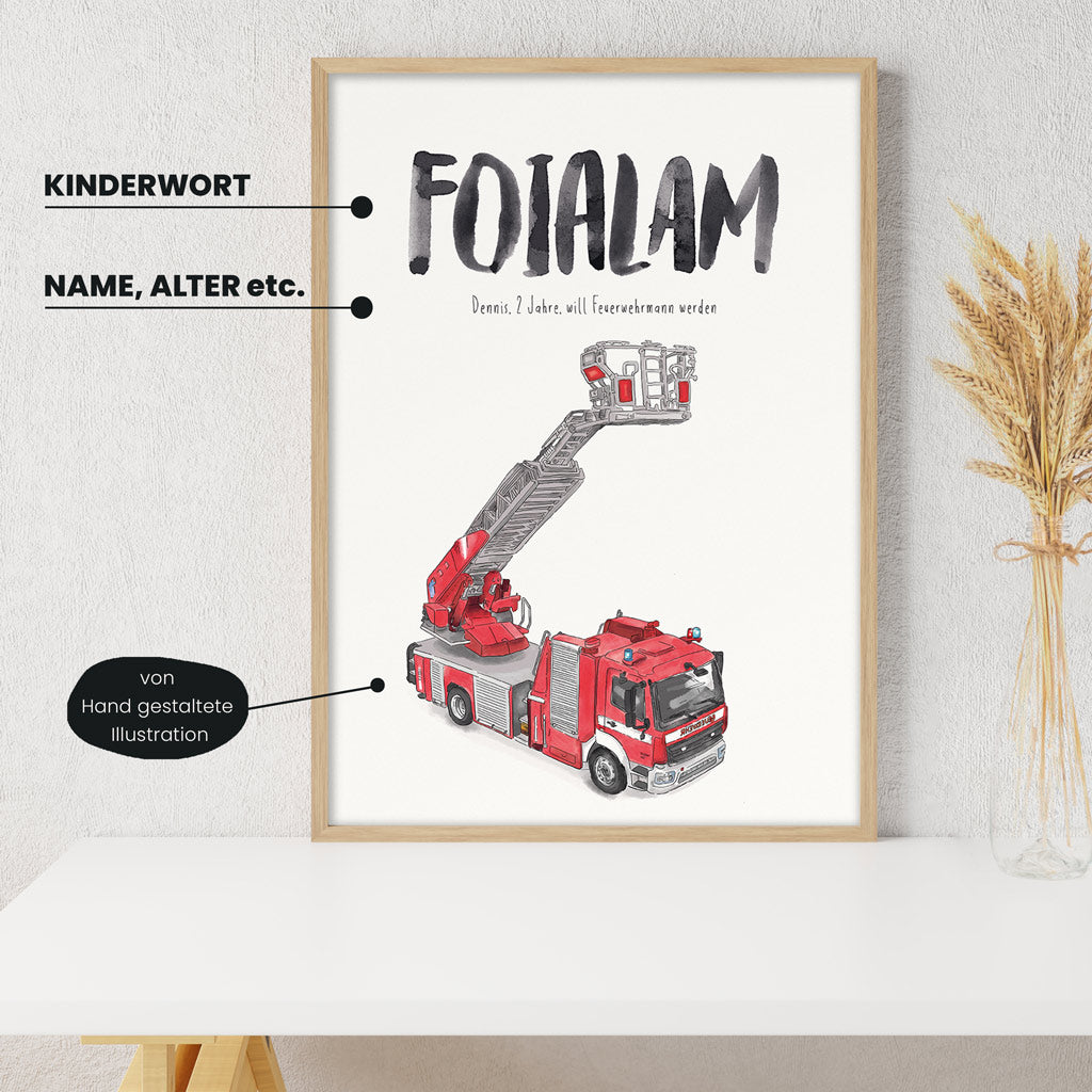 Detailansicht Kindermundposter Feuerwehr mit Erklärungen der personalisierbaren Elemente - einzigartiges Erinnerungsstück für Eltern
