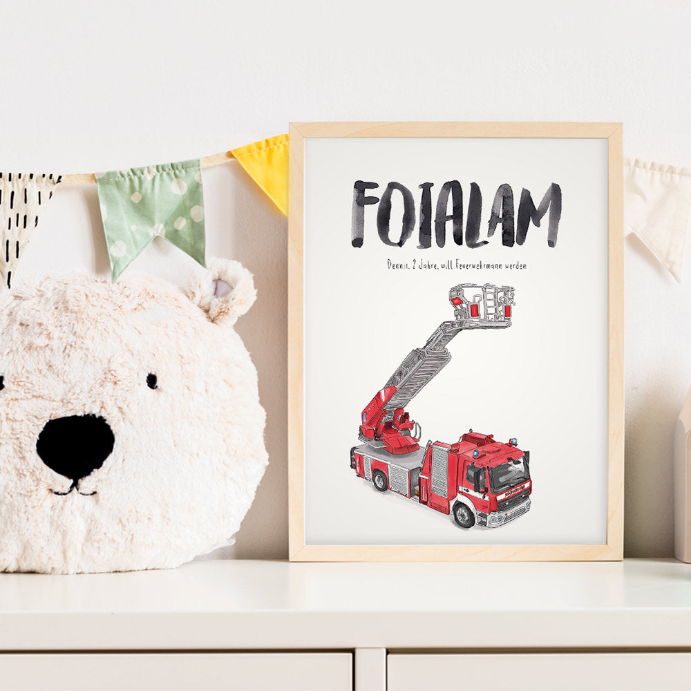 Kindermundposter Feuerwehr im Kinderzimmer – personalisiertes Poster als Dekoration und Geschenk