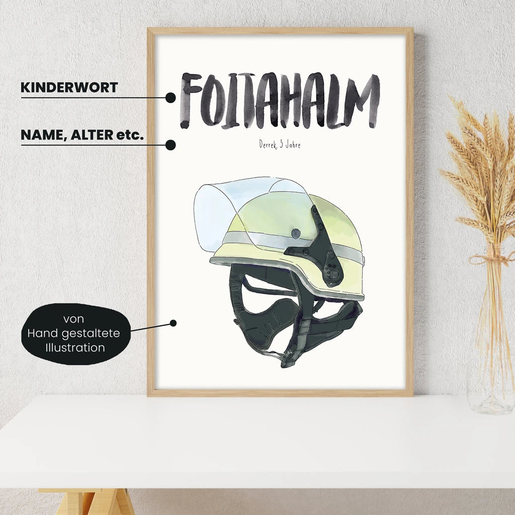 Detailansicht Kindermundposter Feuerwehrhelm: Erklärungen der personalisierbaren Elemente - einzigartiges Erinnerungsstück für Eltern