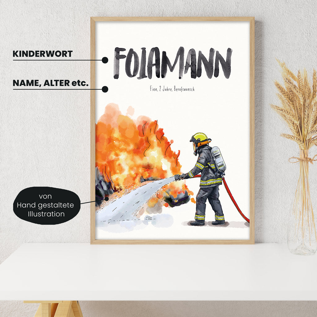 Detailansicht Kindermundposter Feuerwehrmann: Erklärungen der personalisierbaren Elemente - einzigartiges Erinnerungsstück für Eltern