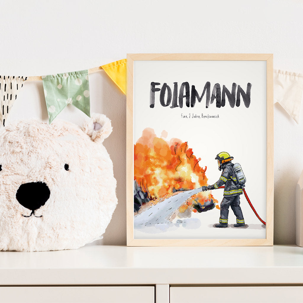 Kindermundposter Feuerwehrmann im Kinderzimmer – personalisiertes Poster als Dekoration und Geschenk