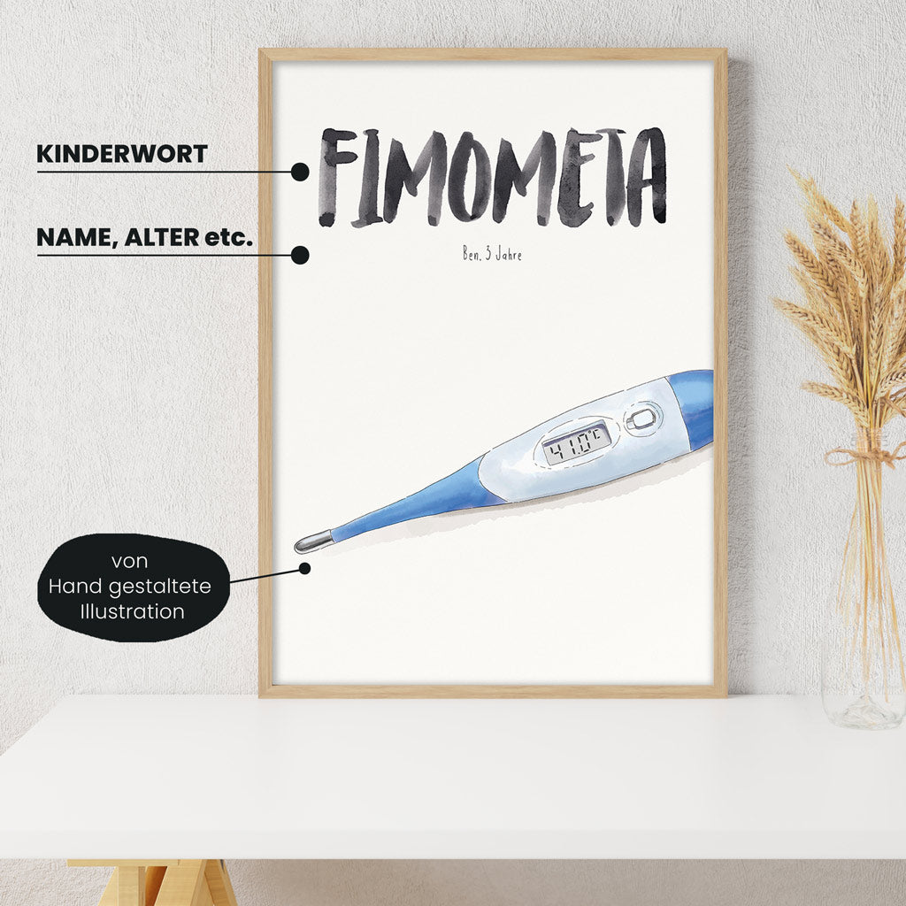Detailansicht Kindermundposter Fieberthermometer: Erklärungen der personalisierbaren Elemente - einzigartiges Erinnerungsstück für Eltern