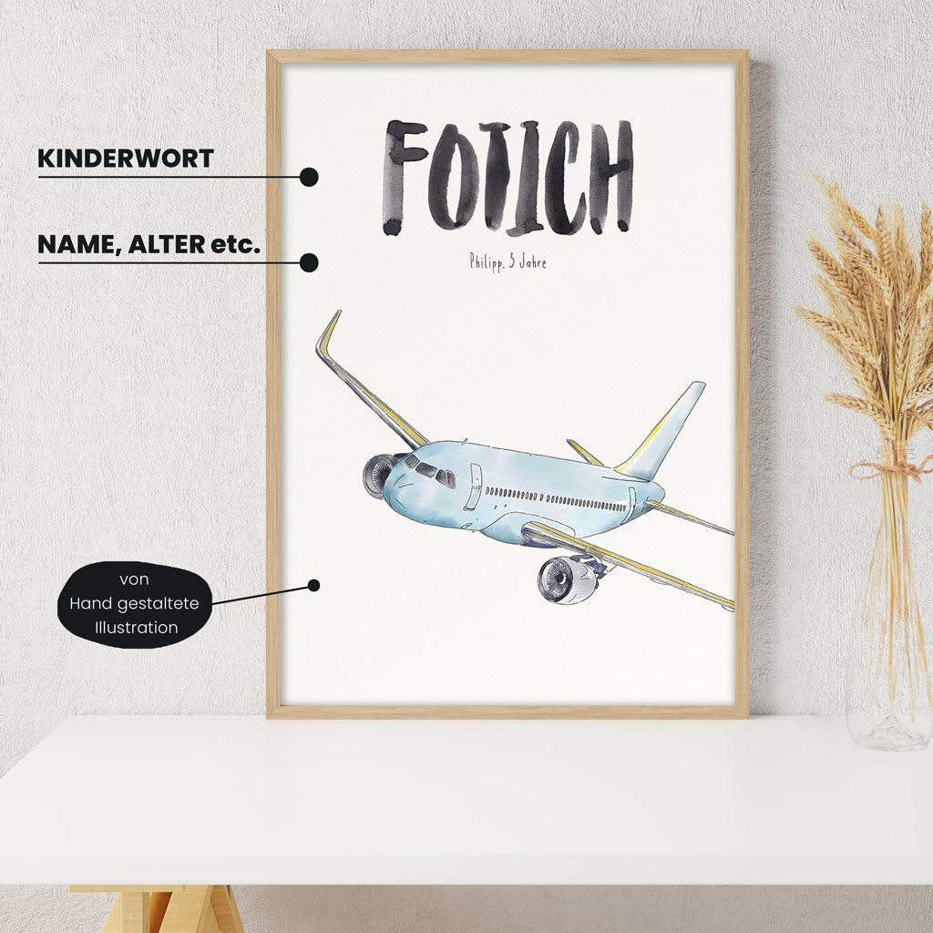 Detailansicht Kindermundposter Flugzeug mit Erklärungen der personalisierbaren Elemente - einzigartiges Erinnerungsstück für Eltern