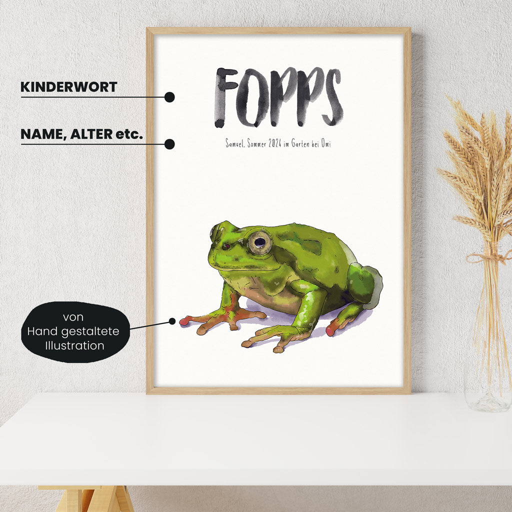 Detailansicht Kindermundposter Frosch: Erklärungen der personalisierbaren Elemente - einzigartiges Erinnerungsstück für Eltern