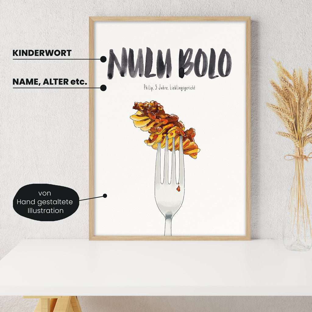 Detailansicht Kindermundposter Nudeln Bolognese: Erklärungen der personalisierbaren Elemente - einzigartiges Erinnerungsstück für Eltern