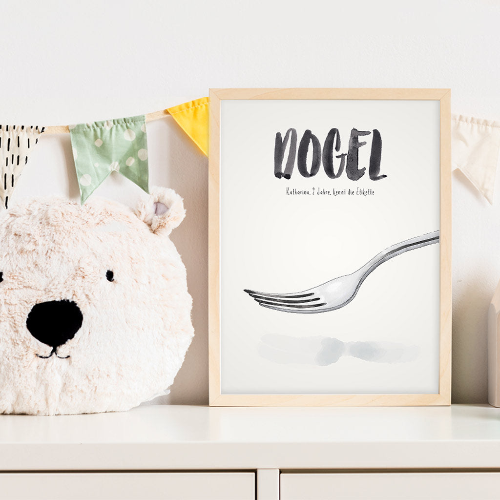 Kindermundposter Gabel im Kinderzimmer – personalisiertes Poster als Dekoration und Geschenk