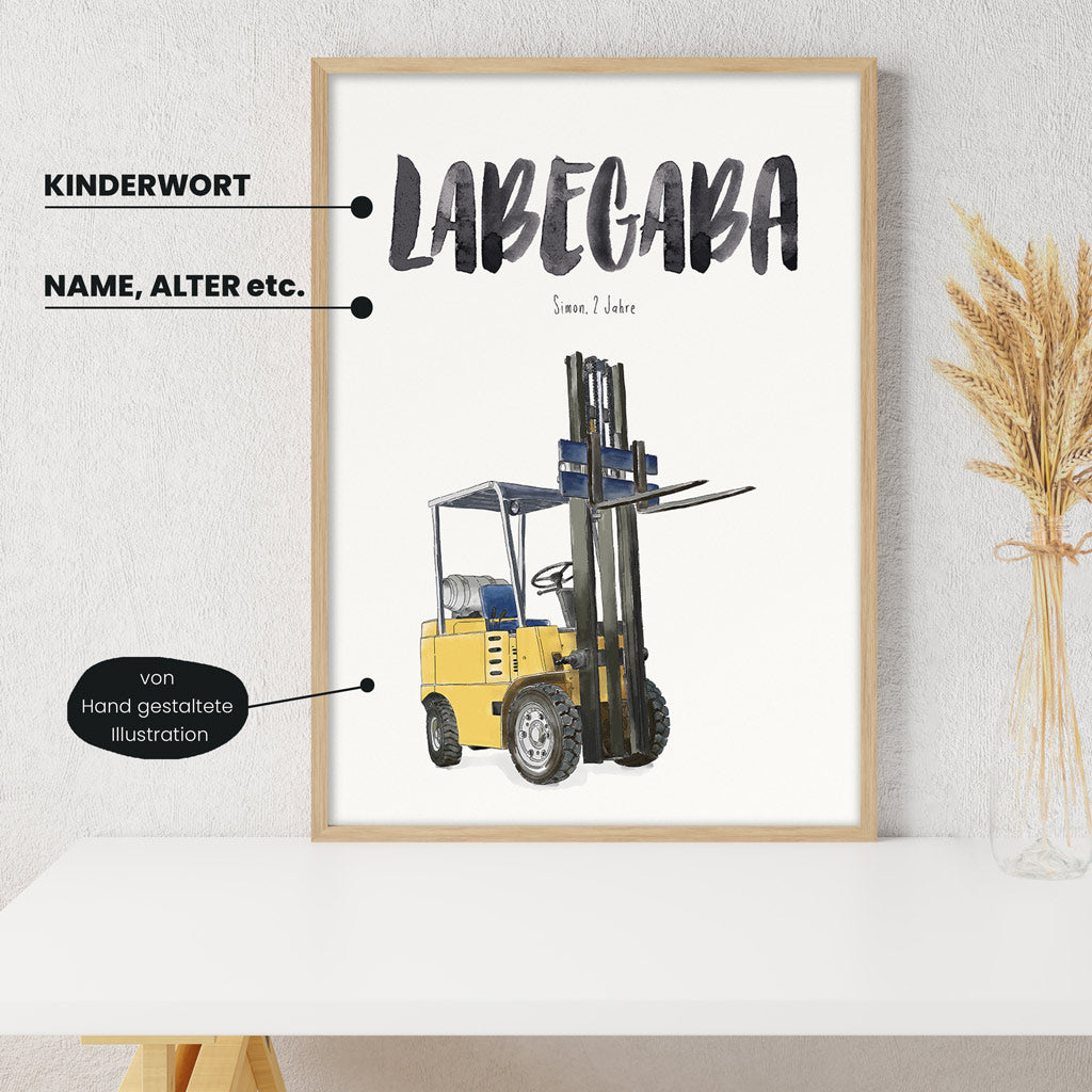 Detailansicht Kindermundposter Gabelstapler: Erklärungen der personalisierbaren Elemente - einzigartiges Erinnerungsstück für Eltern