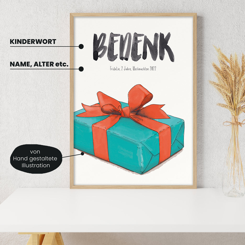 Detailansicht Kindermundposter Geschenk mit Erklärungen der personalisierbaren Elemente - einzigartiges Erinnerungsstück für Eltern
