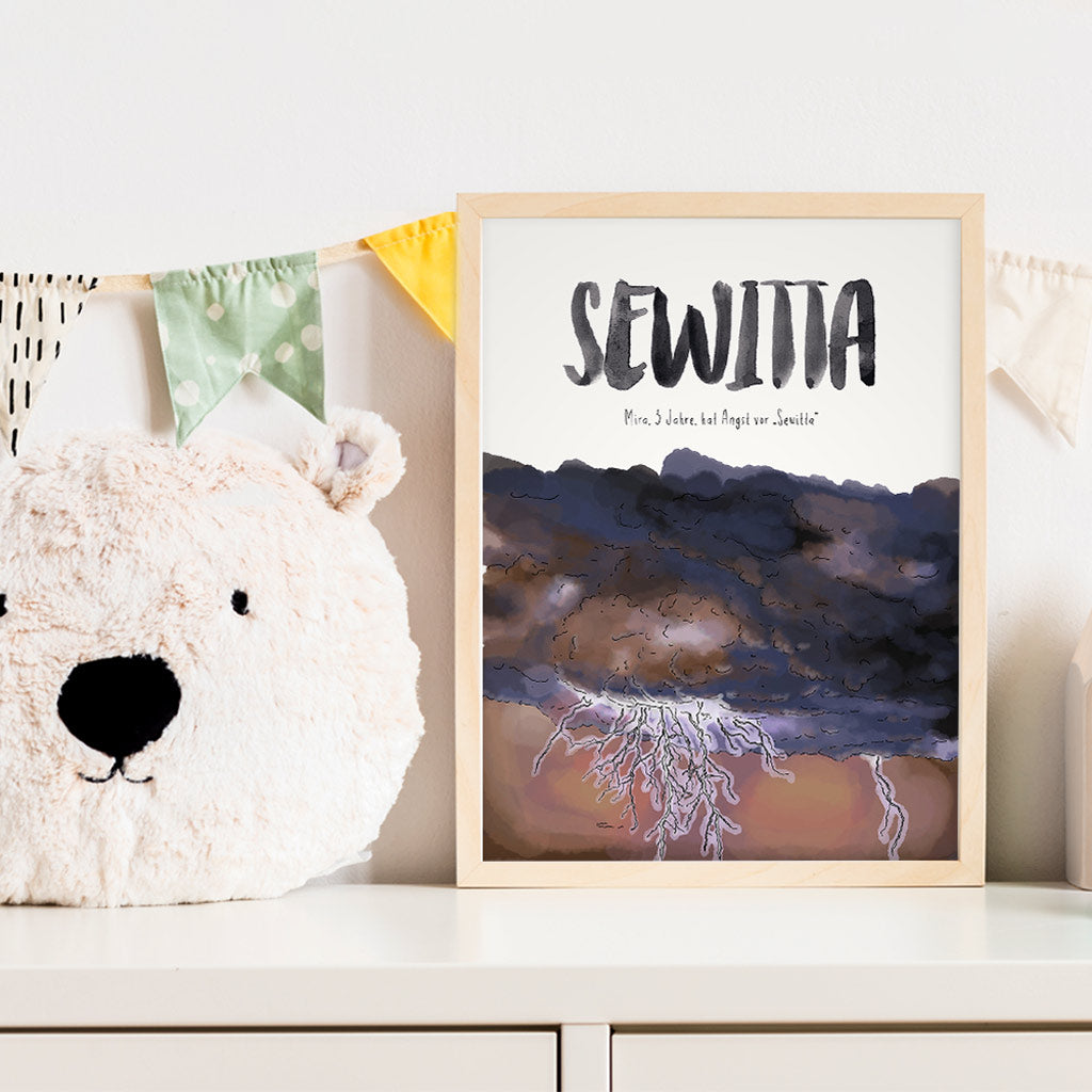 Kindermundposter Gewitter im Kinderzimmer – personalisiertes Poster als Dekoration und Geschenk