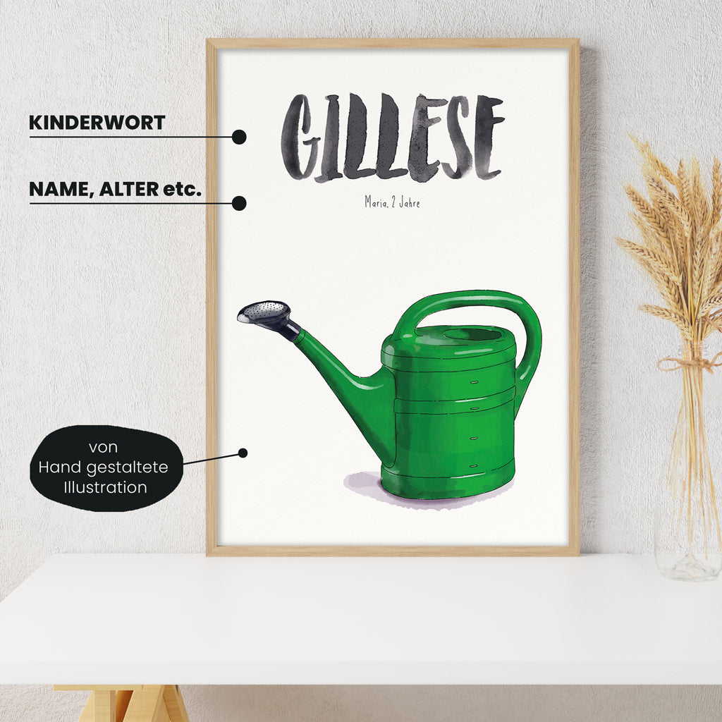 Detailansicht Kindermundposter Gießkanne: Erklärungen der personalisierbaren Elemente - einzigartiges Erinnerungsstück für Eltern
