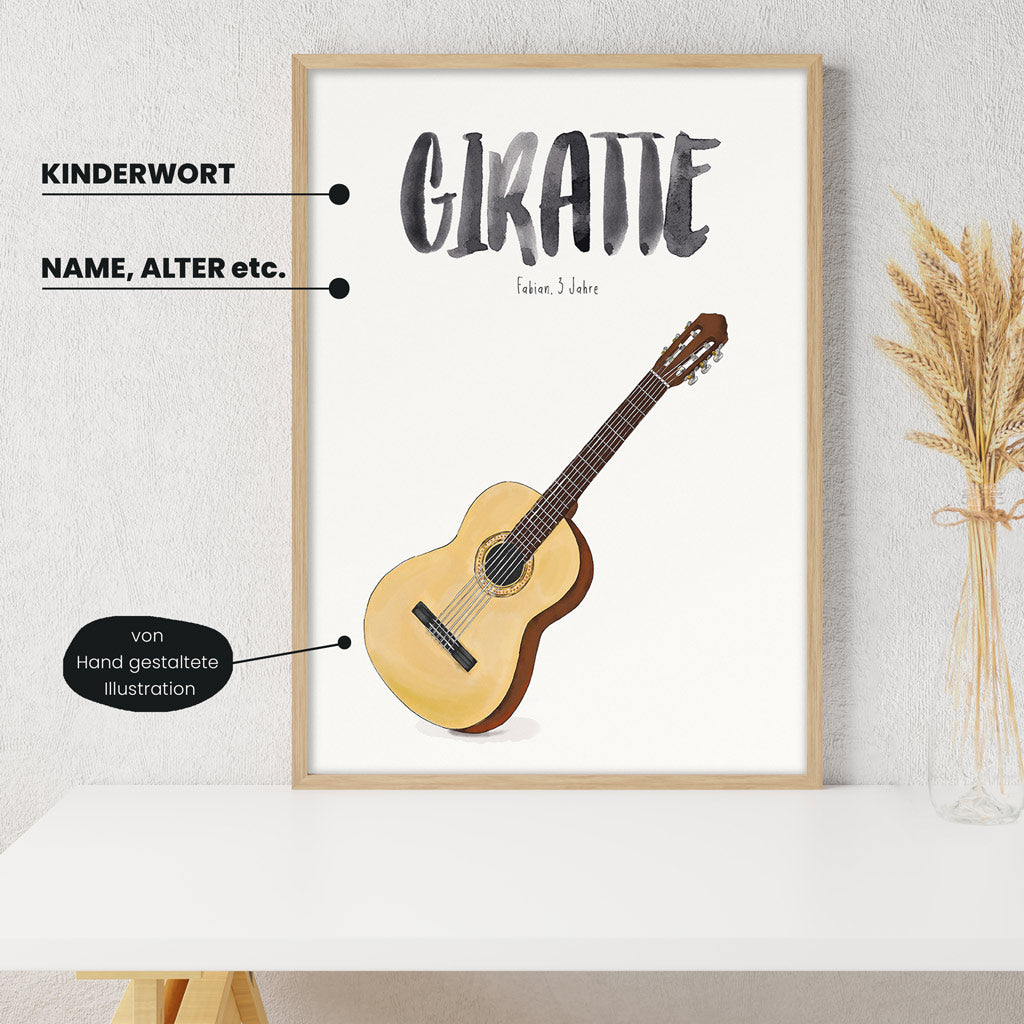 Detailansicht Kindermundposter Gitarre mit Erklärungen der personalisierbaren Elemente - einzigartiges Erinnerungsstück für Eltern