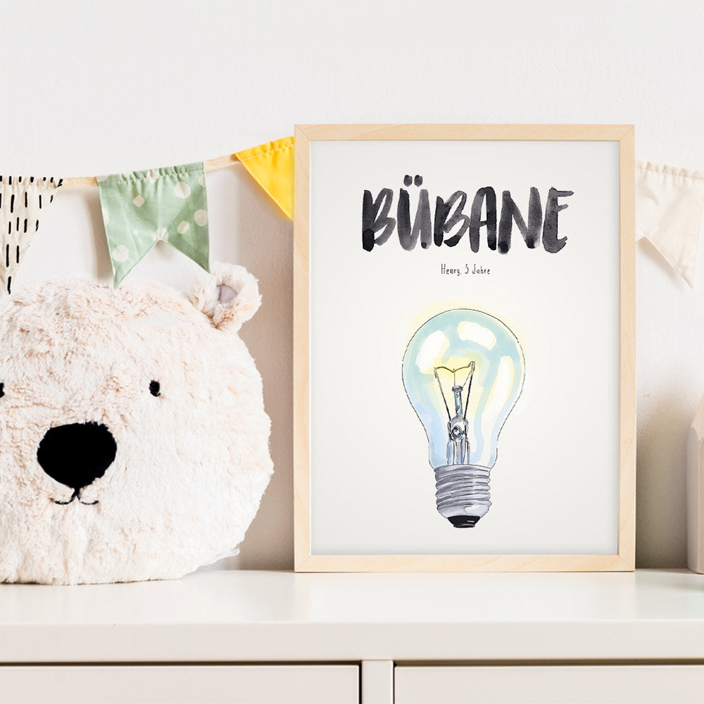 Kindermundposter Glühbirne im Kinderzimmer – personalisiertes Poster als Dekoration und Geschenk