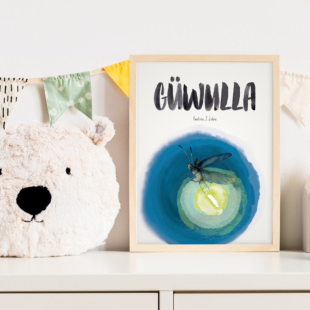 Kindermundposter Glühwürmchen im Kinderzimmer – personalisiertes Poster als Dekoration und Geschenk