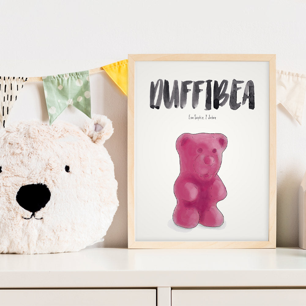 Kindermundposter Gummibärchen im Kinderzimmer – personalisiertes Poster als Dekoration und Geschenk