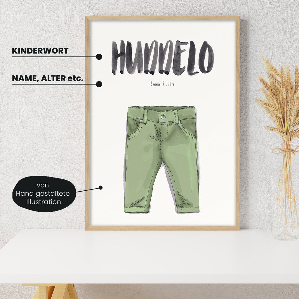 Detailansicht Kindermundposter Hose: Erklärungen der personalisierbaren Elemente - einzigartiges Erinnerungsstück für Eltern