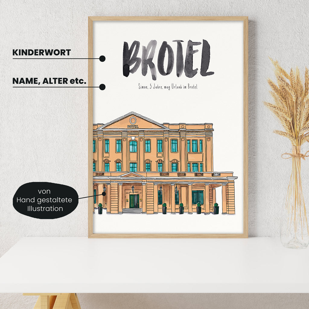 Detailansicht Kindermundposter Hotel: Erklärungen der personalisierbaren Elemente - einzigartiges Erinnerungsstück für Eltern