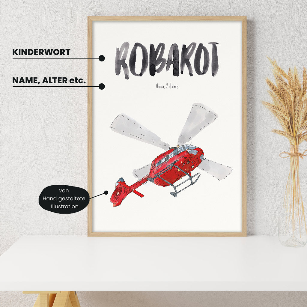 Detailansicht Kindermundposter Hubschrauber: Erklärungen der personalisierbaren Elemente - einzigartiges Erinnerungsstück für Eltern