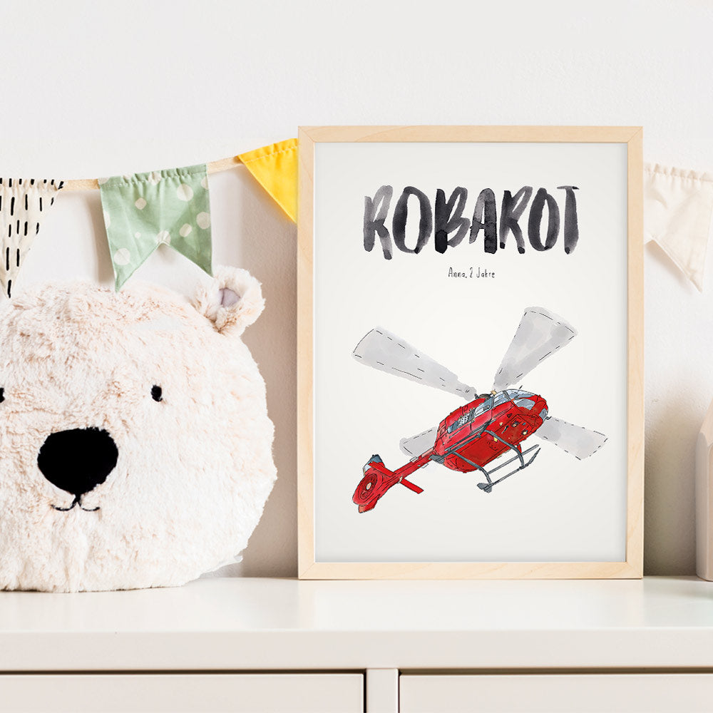 Kindermundposter Hubschrauber im Kinderzimmer – personalisiertes Poster als Dekoration und Geschenk