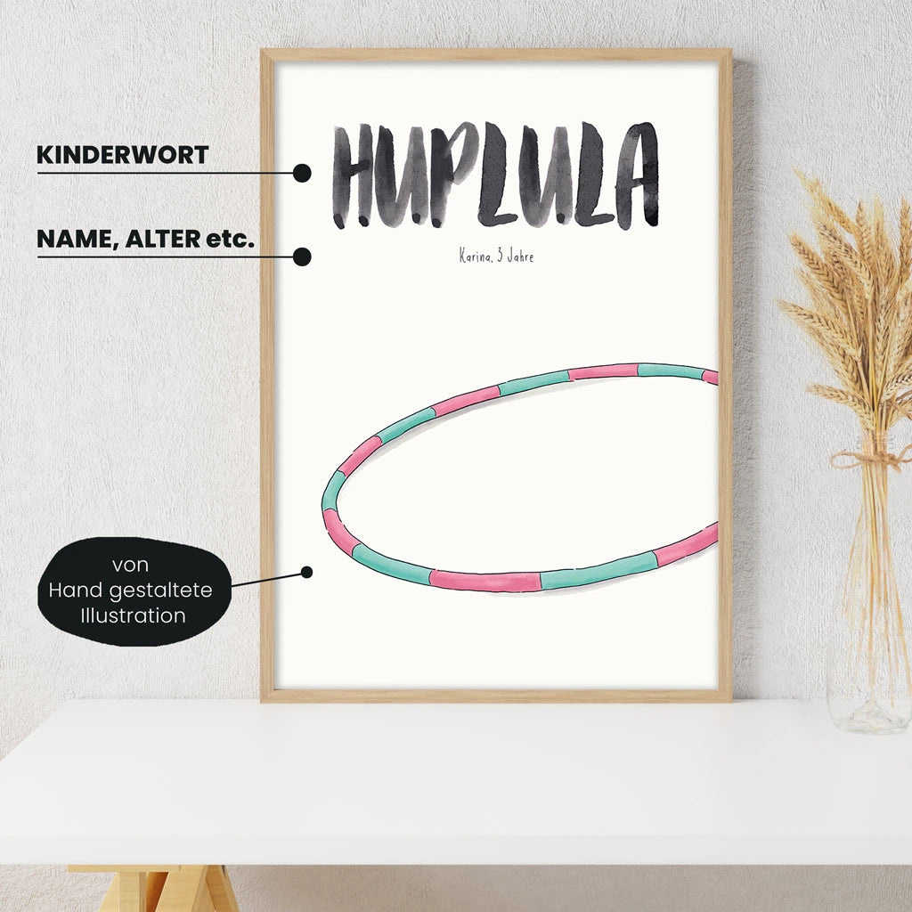 Detailansicht Kindermundposter Hula Hoop: Erklärungen der personalisierbaren Elemente - einzigartiges Erinnerungsstück für Eltern