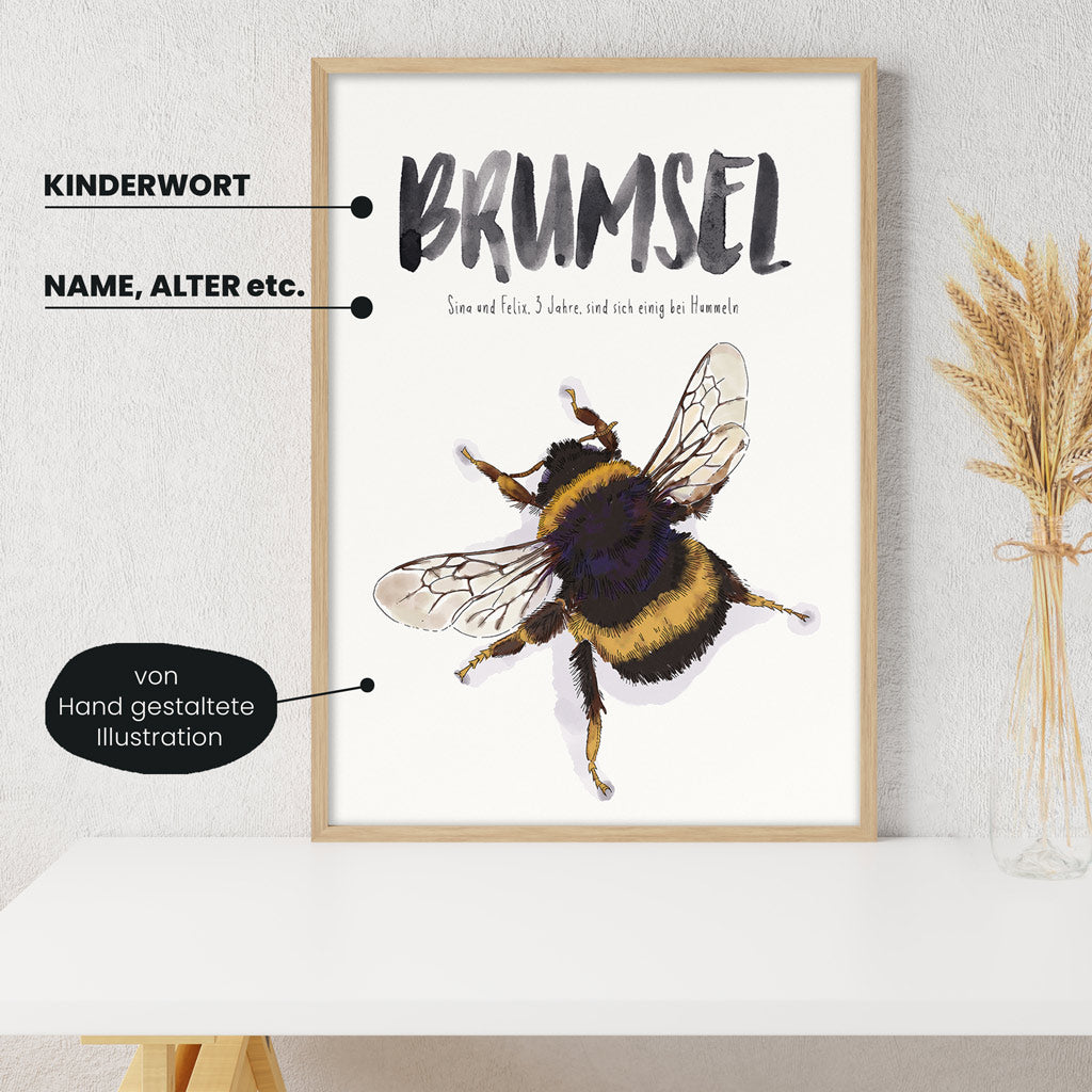 Detailansicht Kindermundposter Hummel: Erklärungen der personalisierbaren Elemente - einzigartiges Erinnerungsstück für Eltern