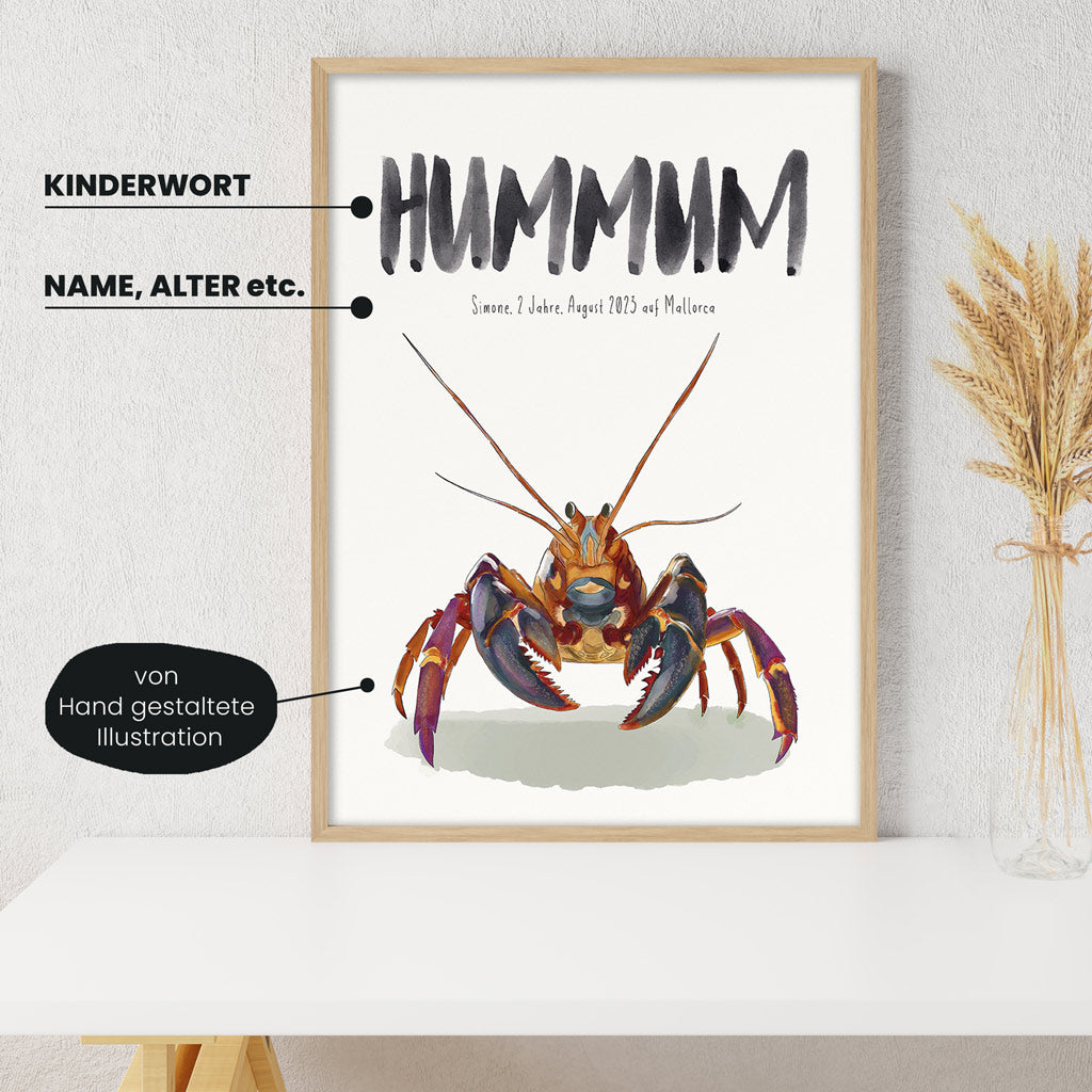 Detailansicht Kindermundposter Hummer: Erklärungen der personalisierbaren Elemente - einzigartiges Erinnerungsstück für Eltern