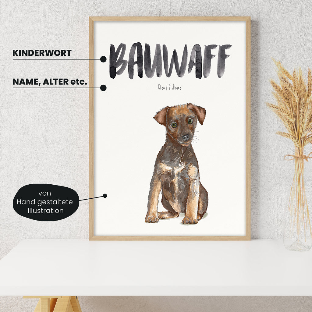 Detailansicht Kindermundposter Hund mit Erklärungen der personalisierbaren Elemente - einzigartiges Erinnerungsstück für Eltern