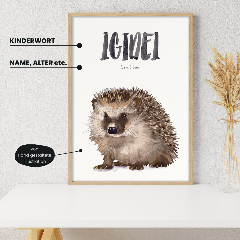 Detailansicht Kindermundposter Igel - Erklärungen der personalisierbaren Elemente - einzigartiges Erinnerungsstück für Eltern