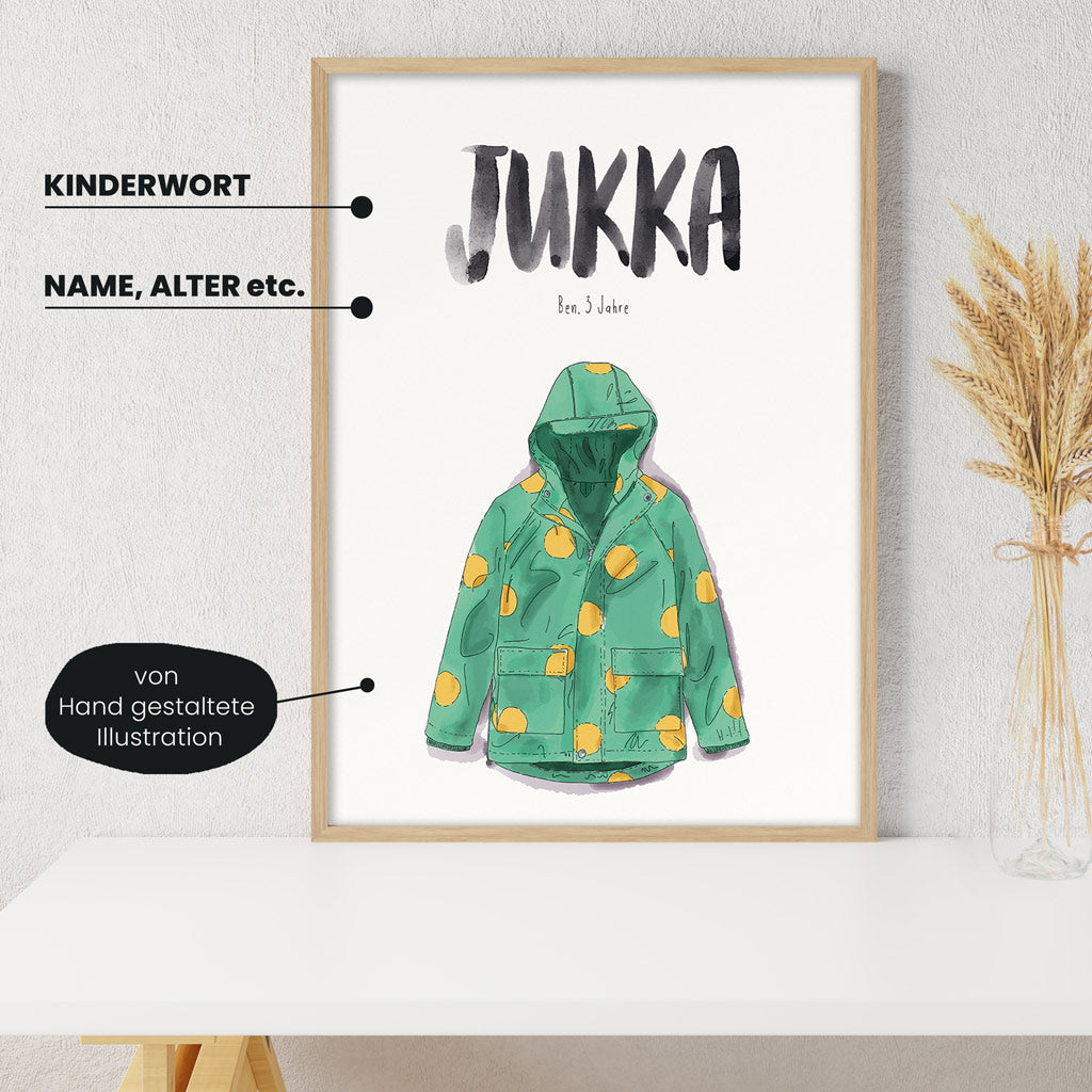Detailansicht Kindermundposter Jacke: Erklärungen der personalisierbaren Elemente - einzigartiges Erinnerungsstück für Eltern