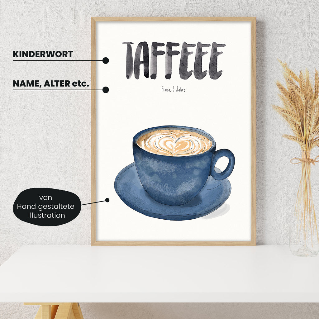 Detailansicht Kindermundposter Cappuccino blau: Erklärungen der personalisierbaren Elemente - einzigartiges Erinnerungsstück für Eltern