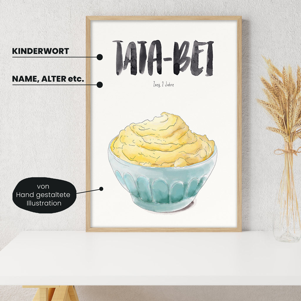 Detailansicht Kindermundposter Kartoffelbrei: Erklärungen der personalisierbaren Elemente - einzigartiges Erinnerungsstück für Eltern