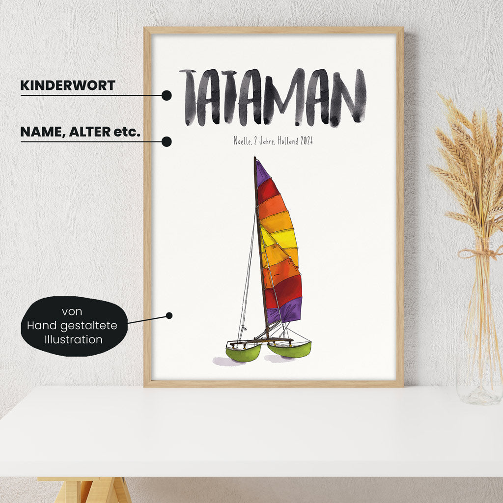 Detailansicht Kindermundposter Katamaran: Erklärungen der personalisierbaren Elemente - einzigartiges Erinnerungsstück für Eltern