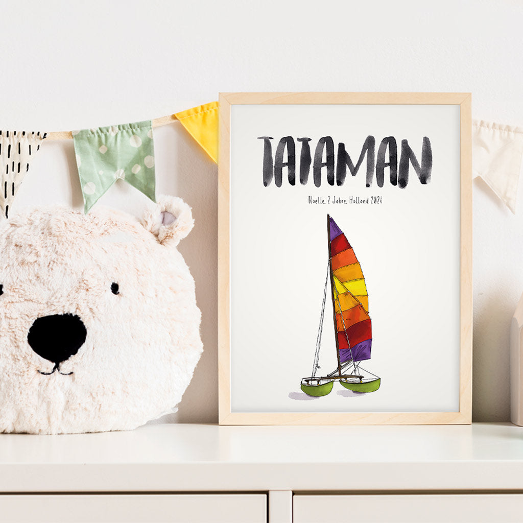 Kindermundposter Katamaran im Kinderzimmer – personalisiertes Poster als Dekoration und Geschenk