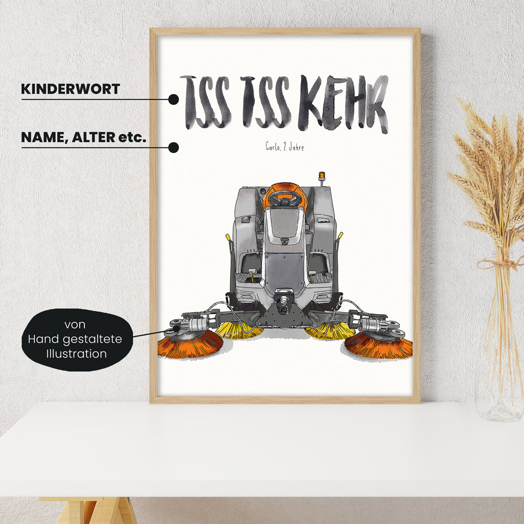 Kindermundposter Kehrmaschine im Kinderzimmer – personalisiertes Poster als Dekoration und Geschenk