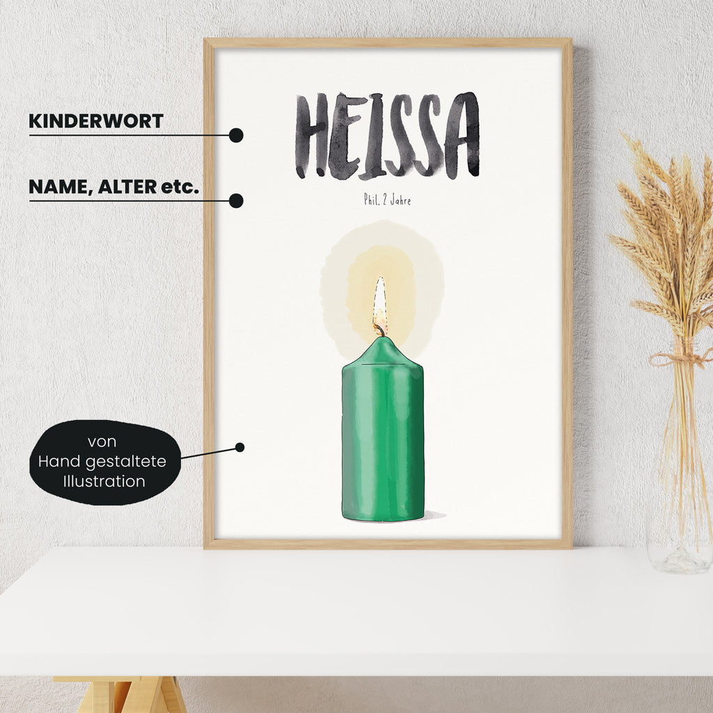 Detailansicht Kindermundposter Kerze mit Erklärungen der personalisierbaren Elemente - einzigartiges Erinnerungsstück für Eltern