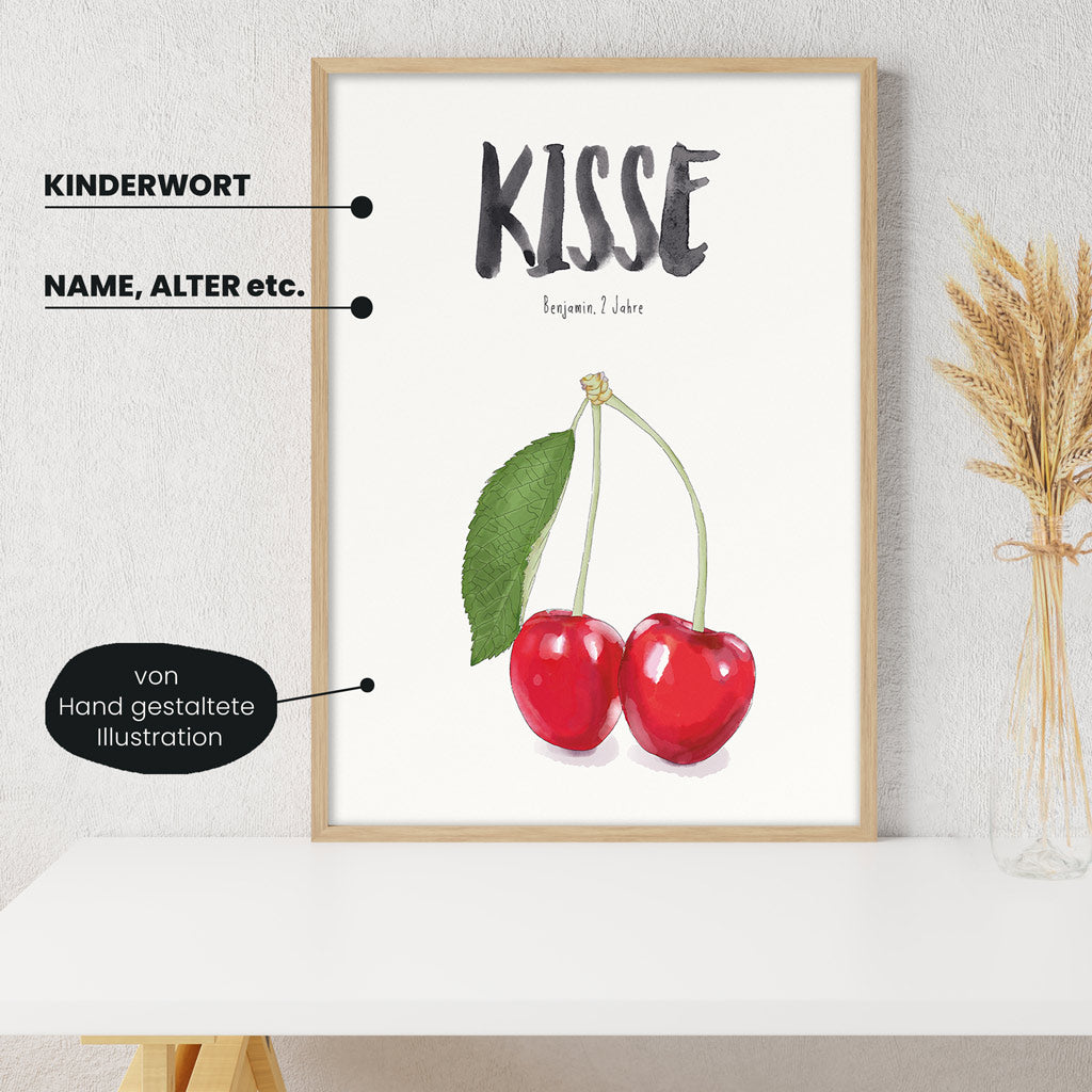 Detailansicht Kindermundposter Kirsche mit Erklärungen der personalisierbaren Elemente - einzigartiges Erinnerungsstück für Eltern