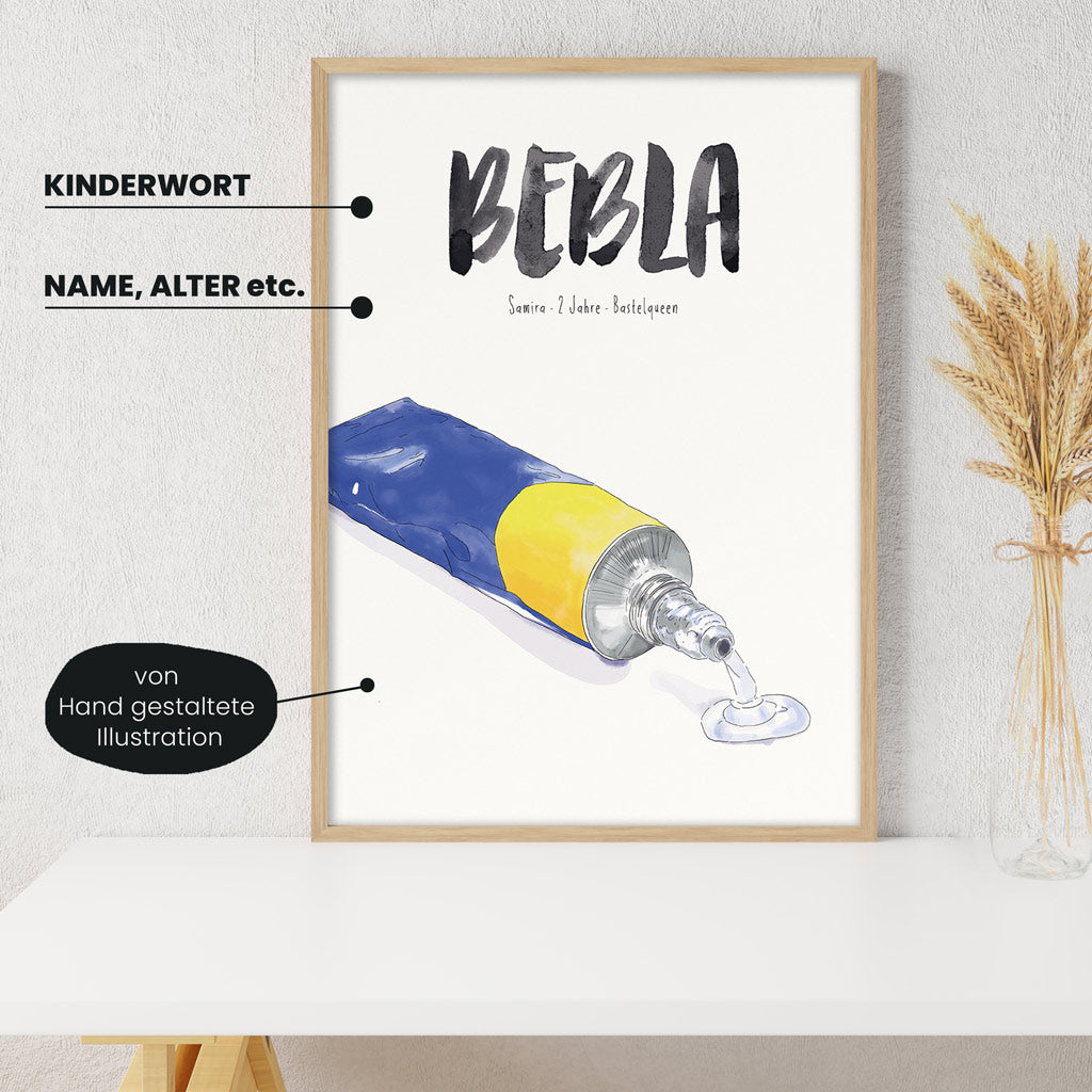 Detailansicht Kindermundposter Bastelkleber: Erklärungen der personalisierbaren Elemente - einzigartiges Erinnerungsstück für Eltern