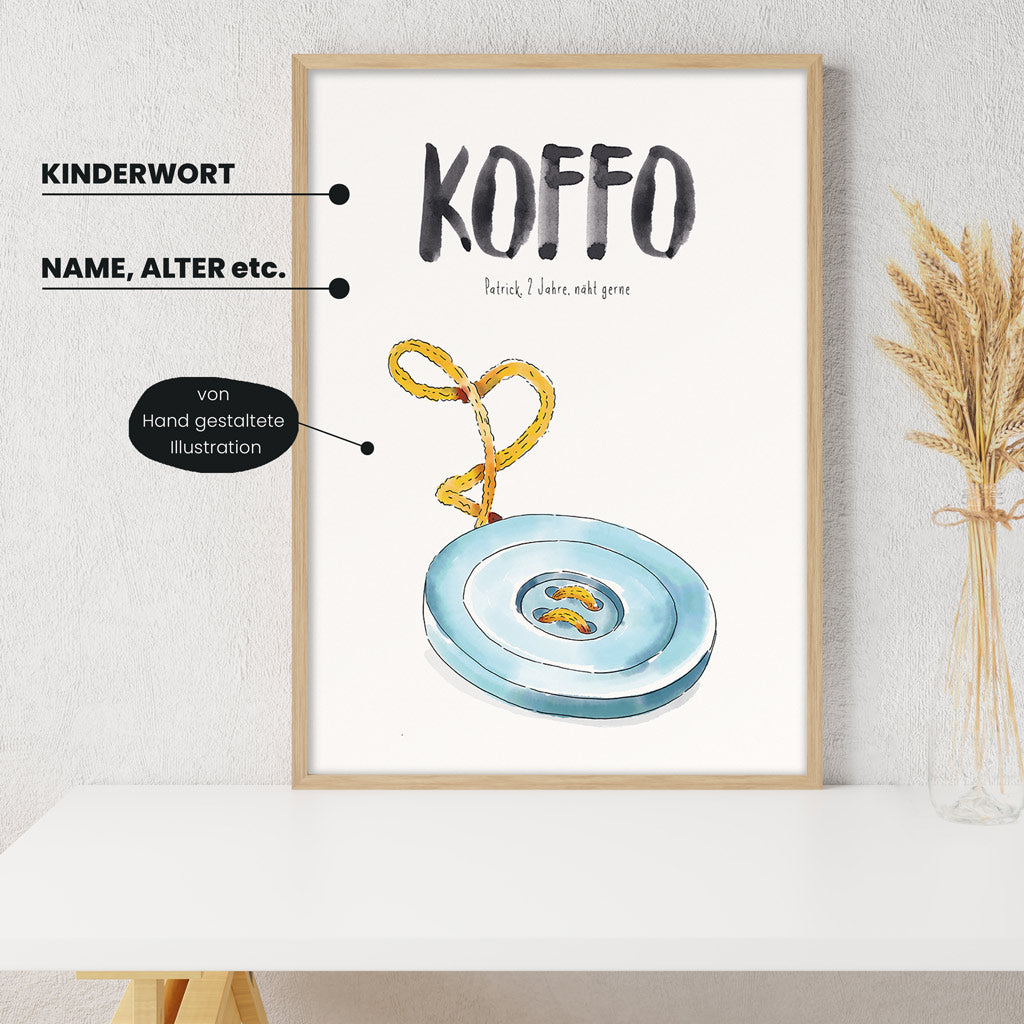 Detailansicht Kindermundposter Knopf: Erklärungen der personalisierbaren Elemente - einzigartiges Erinnerungsstück für Eltern