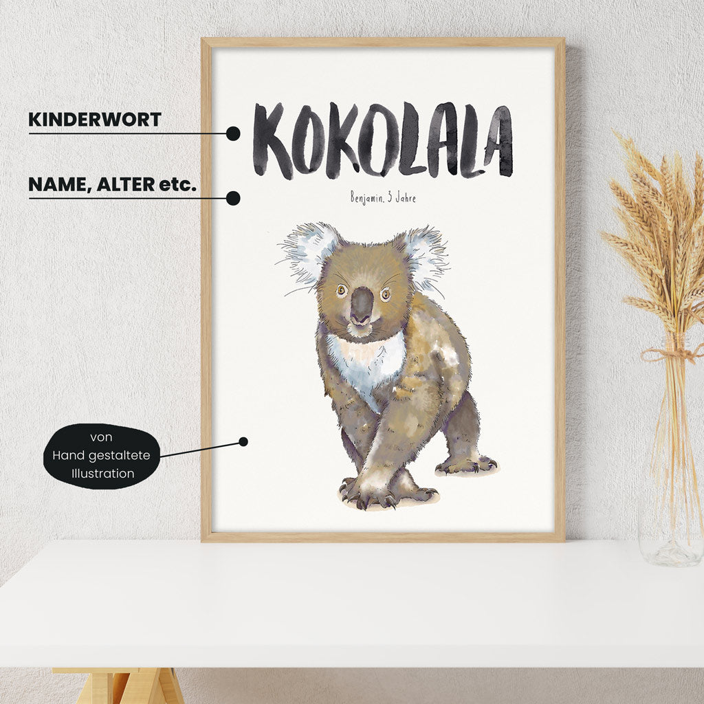 Detailansicht Kindermundposter Koala mit Erklärungen der personalisierbaren Elemente - einzigartiges Erinnerungsstück für Eltern