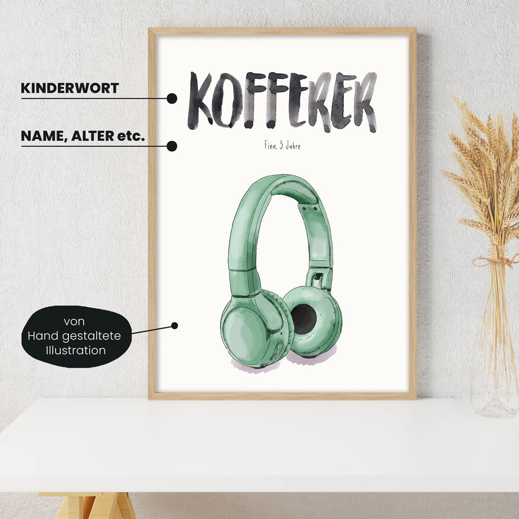 Detailansicht Kindermundposter Kopfhörer mit Erklärungen der personalisierbaren Elemente -einzigartiges Erinnerungsstück für Eltern