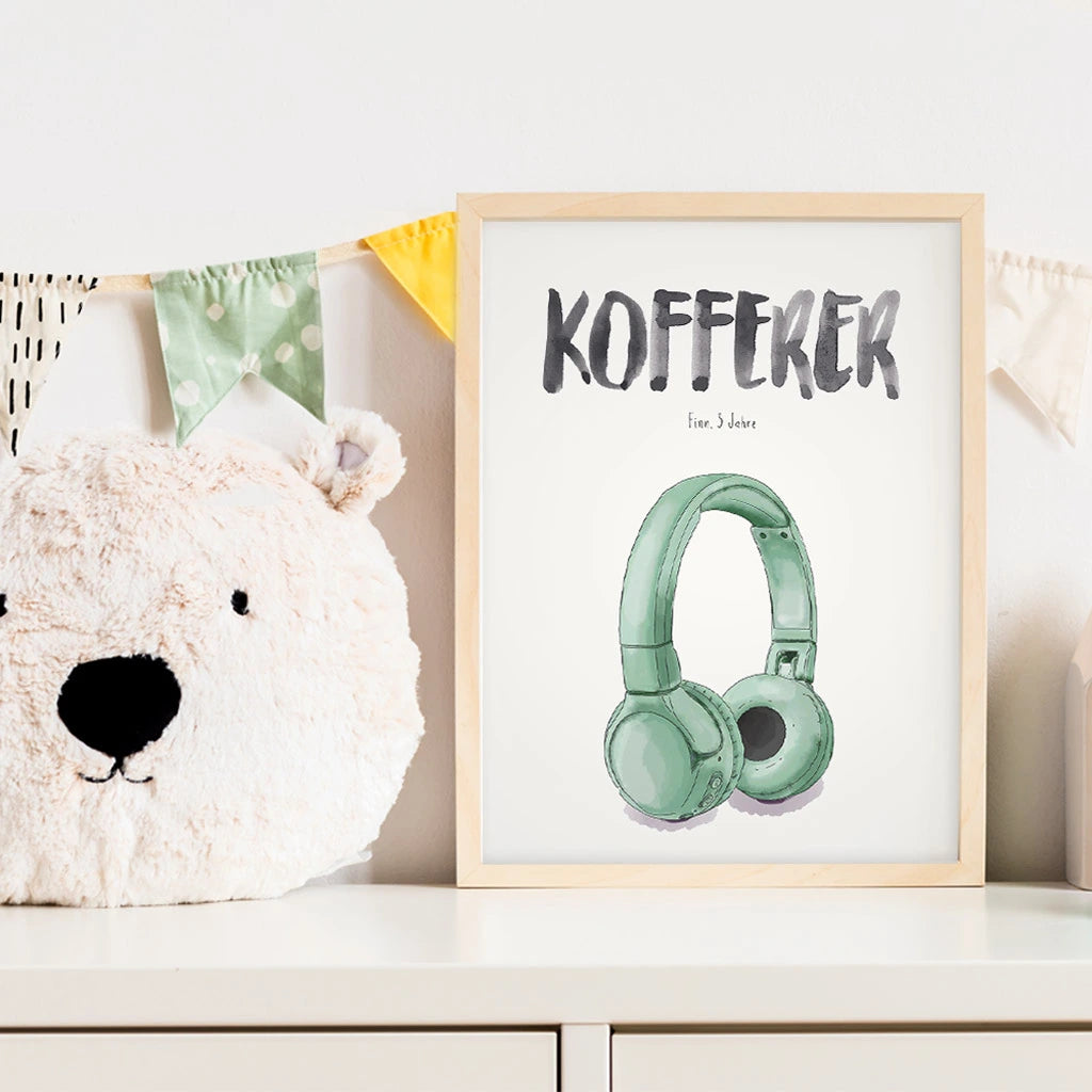 Kindermundposter Kopfhörer im Kinderzimmer – personalisiertes Poster als Dekoration und Geschenk