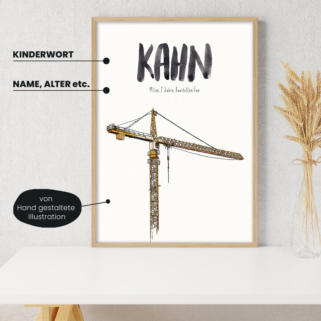 Detailansicht Kindermundposter Kran: Erklärungen der personalisierbaren Elemente - einzigartiges Erinnerungsstück für Eltern