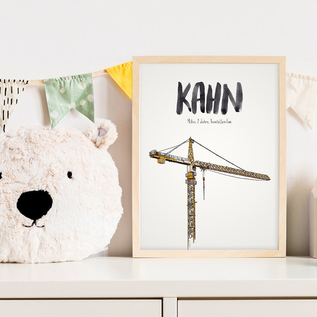 Kindermundposter Kran im Kinderzimmer – personalisiertes Poster als Dekoration und Geschenk