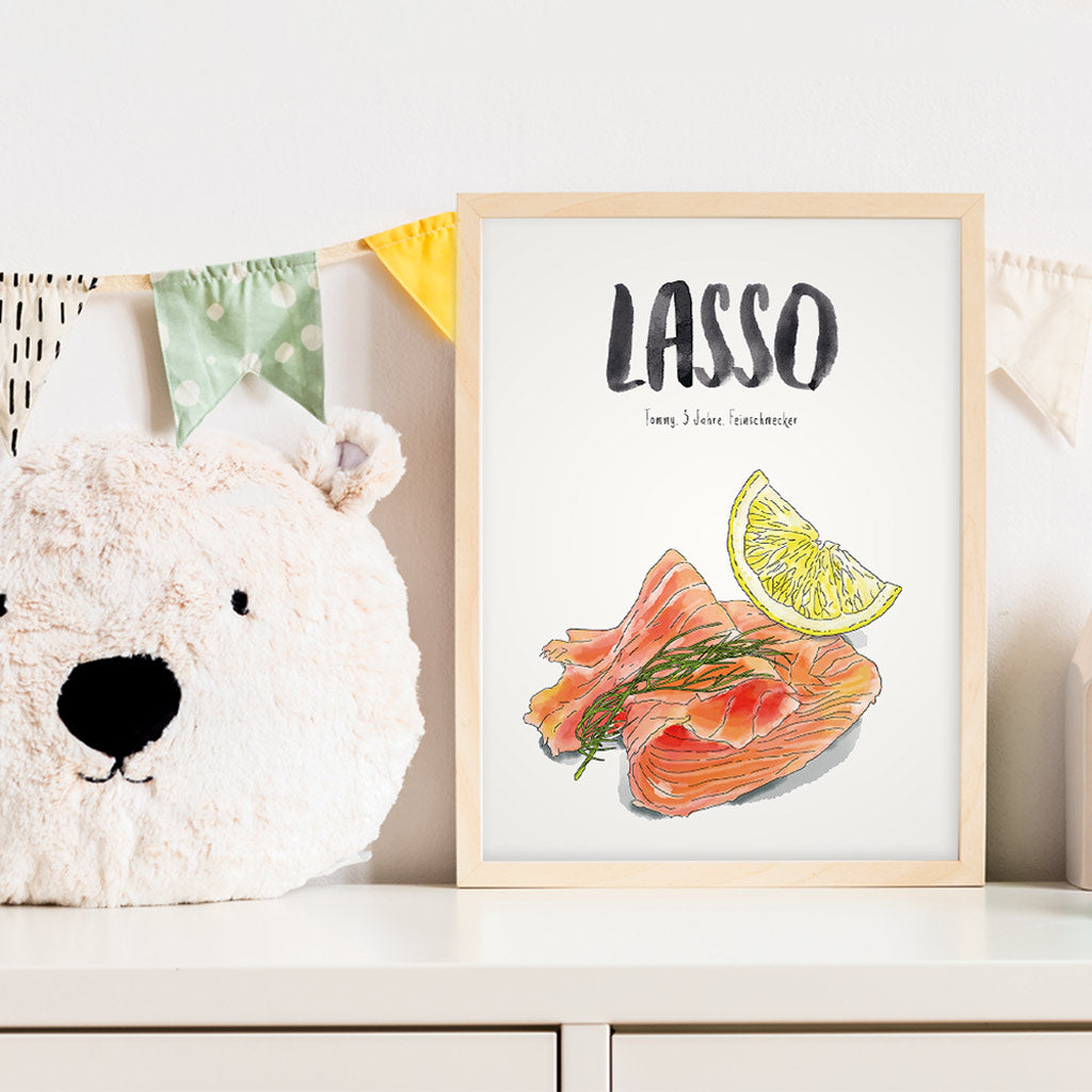 Kindermundposter Lachs im Kinderzimmer – personalisiertes Poster als Dekoration und Geschenk
