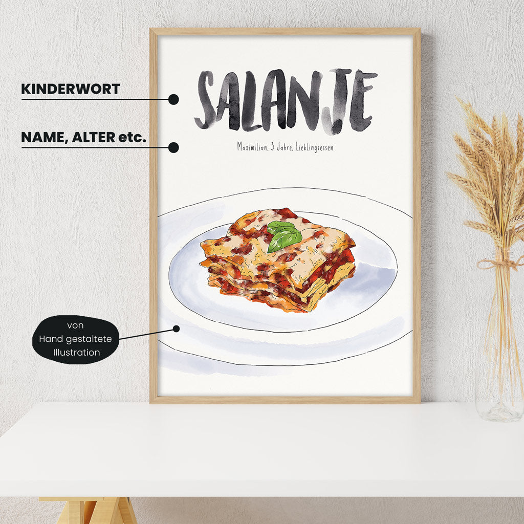 Detailansicht Kindermundposter Lasagne: Erklärungen der personalisierbaren Elemente - einzigartiges Erinnerungsstück für Eltern