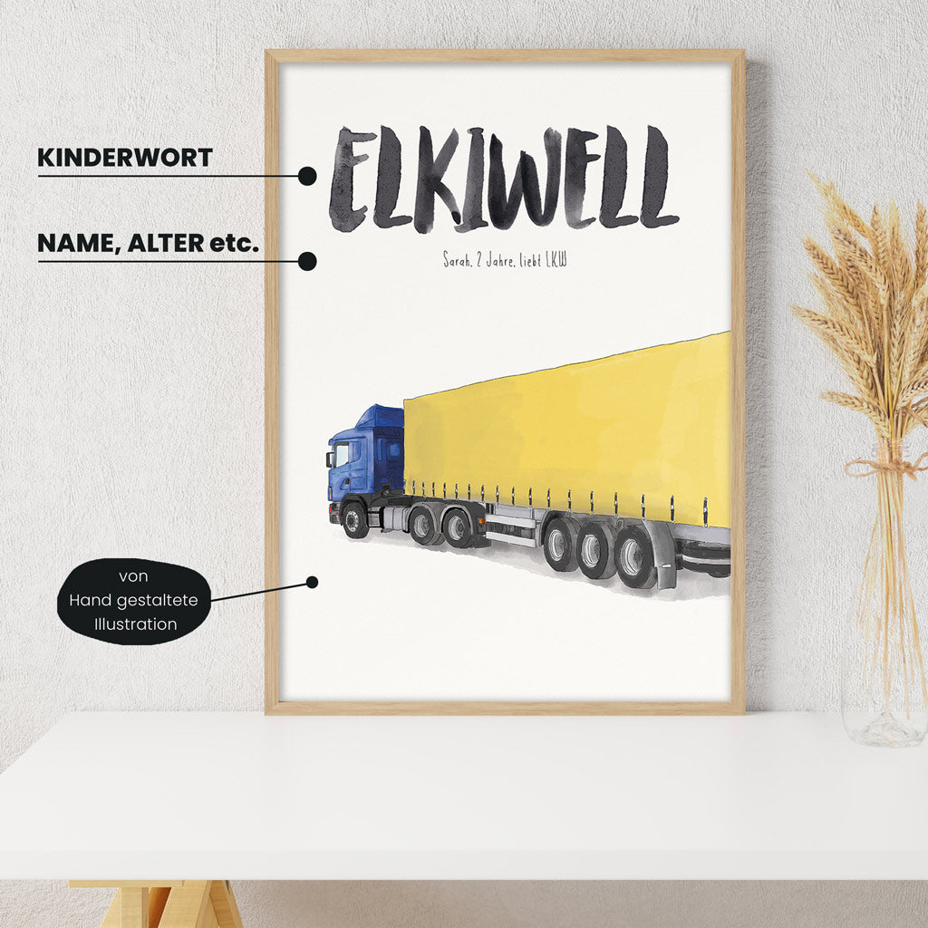 Detailansicht Kindermundposter Laster mit Erklärungen der personalisierbaren Elemente - einzigartiges Erinnerungsstück für Eltern