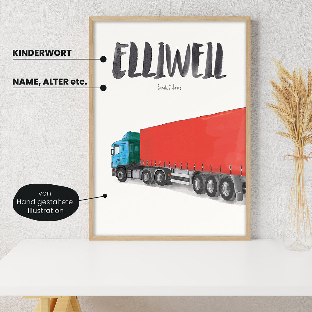 Detailansicht Kindermundposter Laster: Erklärungen der personalisierbaren Elemente - einzigartiges Erinnerungsstück für Eltern