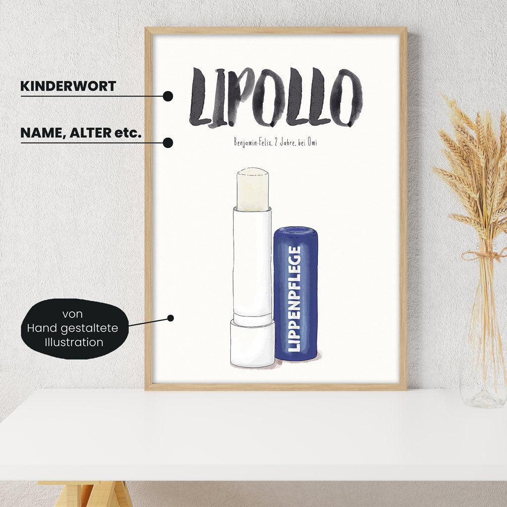 Detailansicht Kindermundposter Lippenpflegestift: Erklärungen der personalisierbaren Elemente - einzigartiges Erinnerungsstück für Eltern