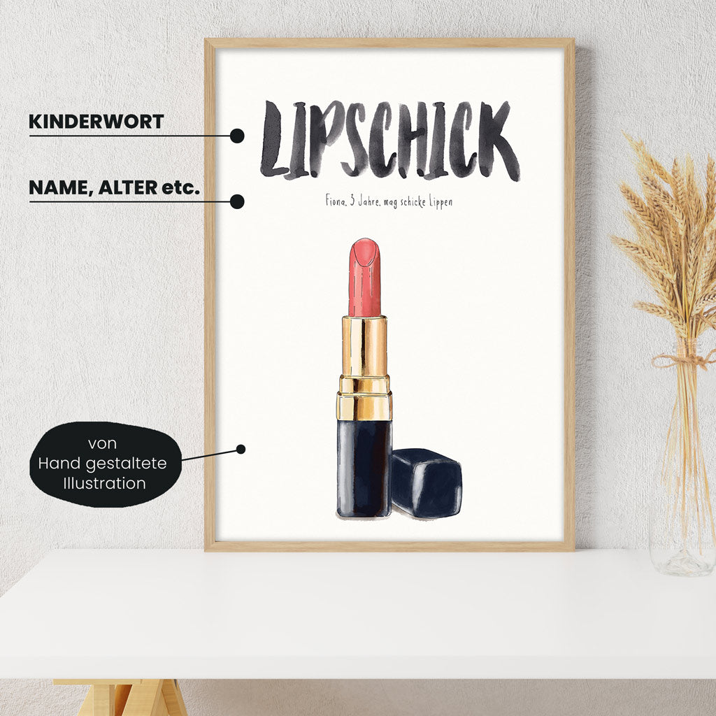 Detailansicht Kindermundposter Lippenstift: Erklärungen der personalisierbaren Elemente - einzigartiges Erinnerungsstück für Eltern